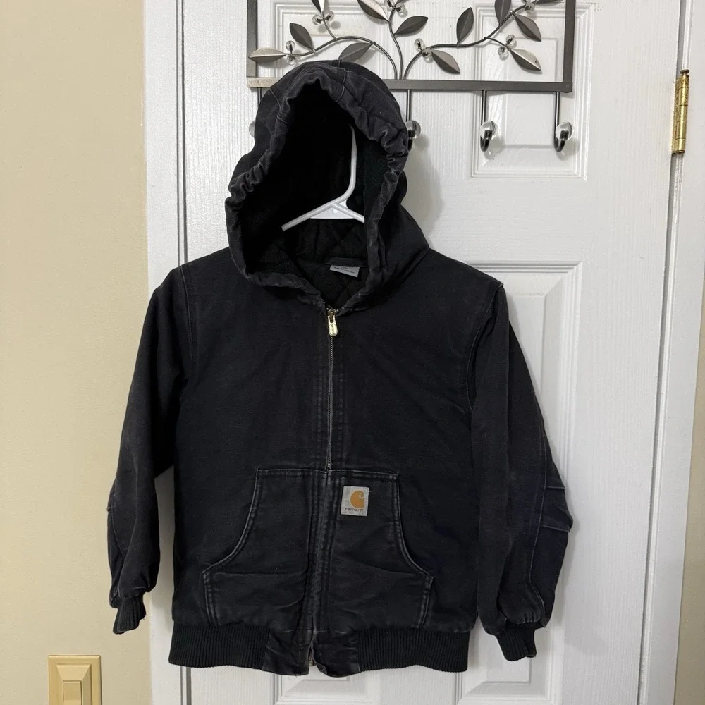 Carhartt Jacket Kids 7-8 Black Canvas Hooded Full Zip Quilted Lined Workwear